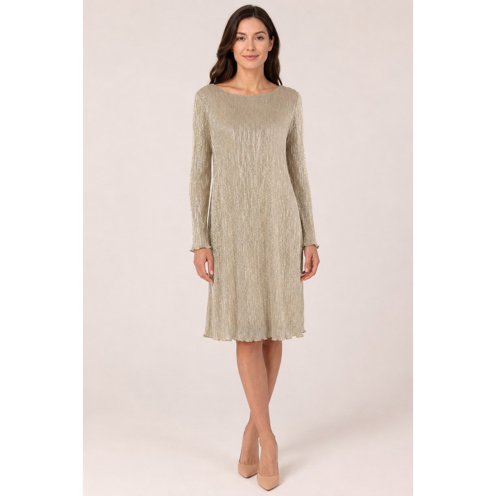 Marina Size 6 Champagne Gold Metallic Pleated Shift Cocktail Dress V Back
